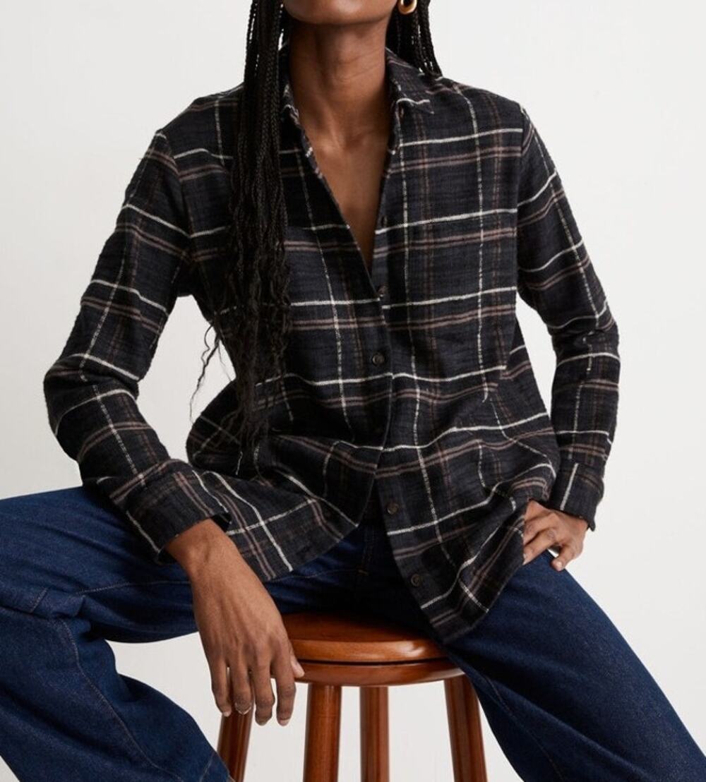 Madewell Long Sleeve Oversized Slub Flannel Sunday Button-Up Shirt Black Coal XL